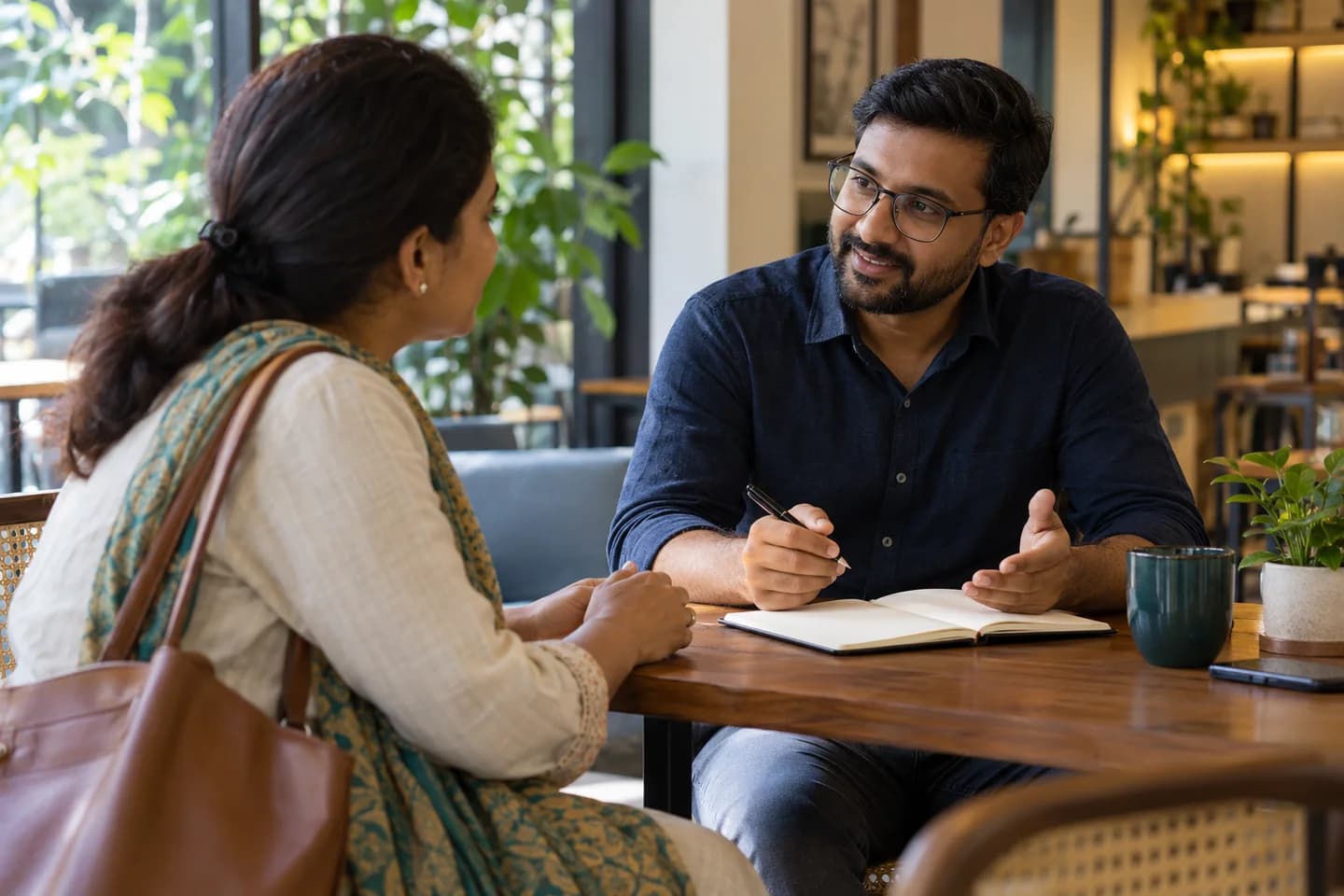 Illustrative scene: Entrepreneur arriving for a thoughtful consultation, advisor welcoming them to a small table with a blank notebook.