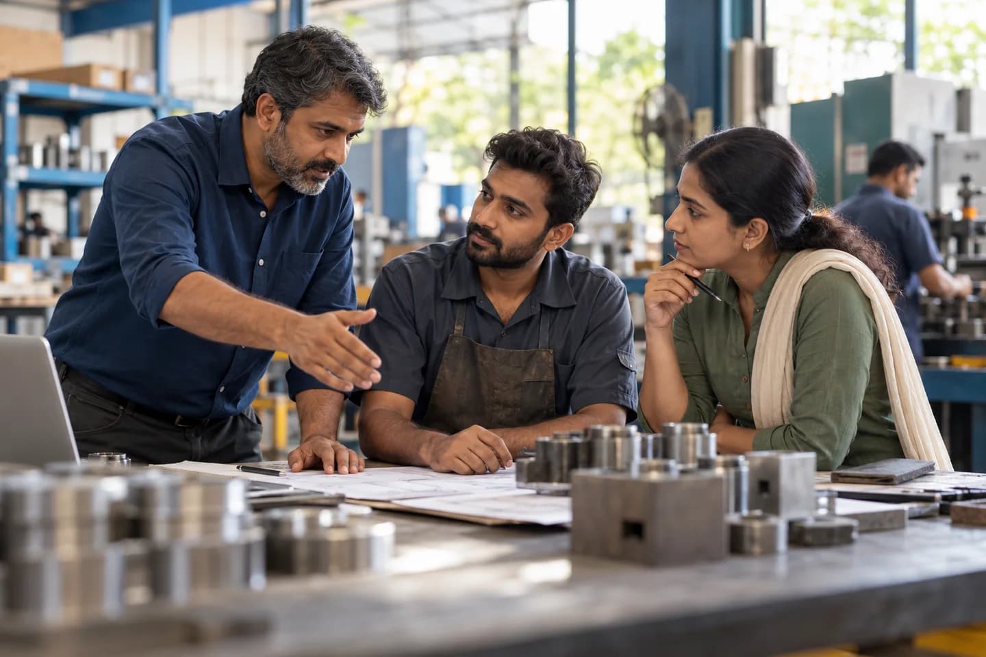 Illustrative scene: A consultant and business owner reviewing a notebook in a workshop.