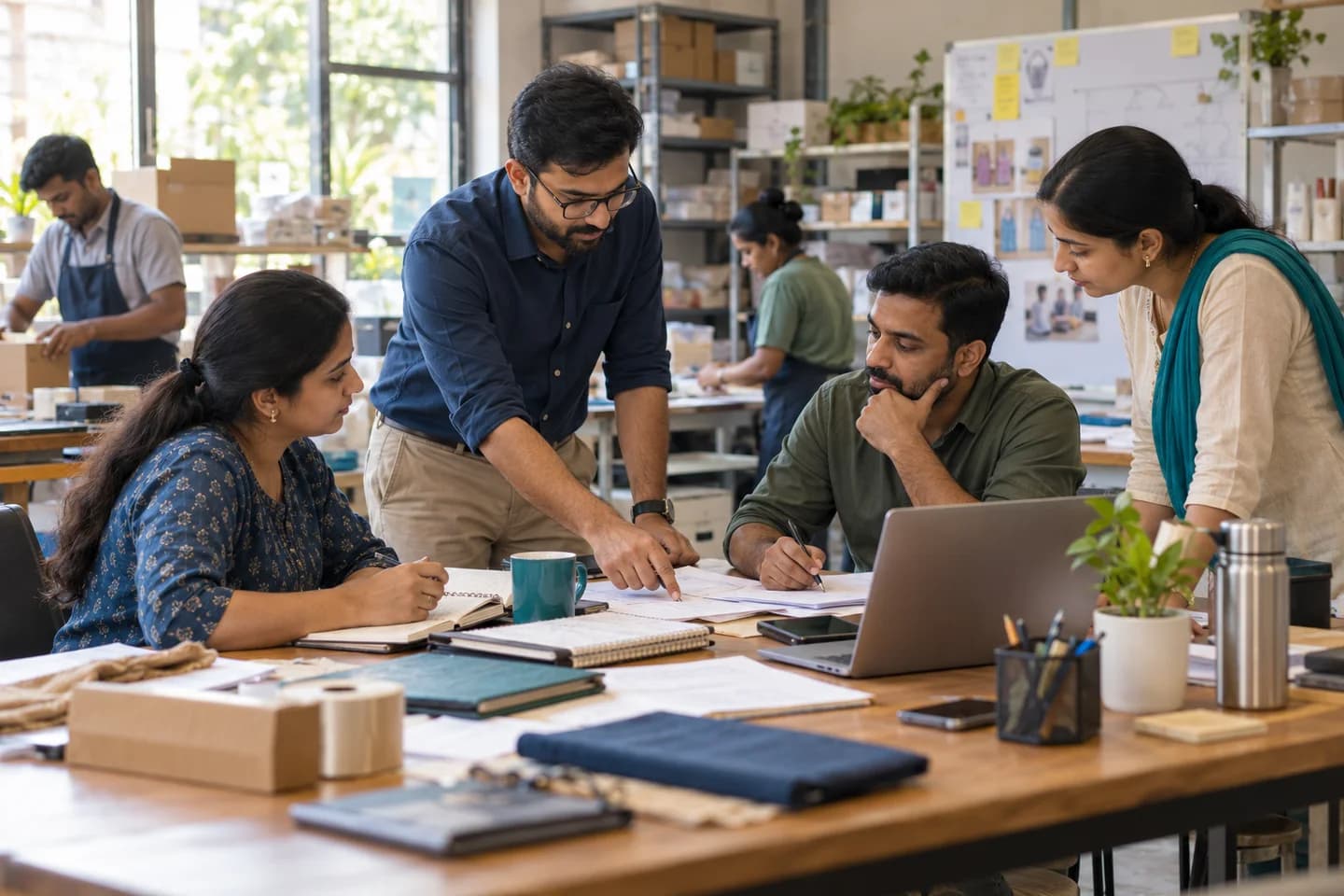 Entrepreneurs collaborating on a business plan in a sunlit office