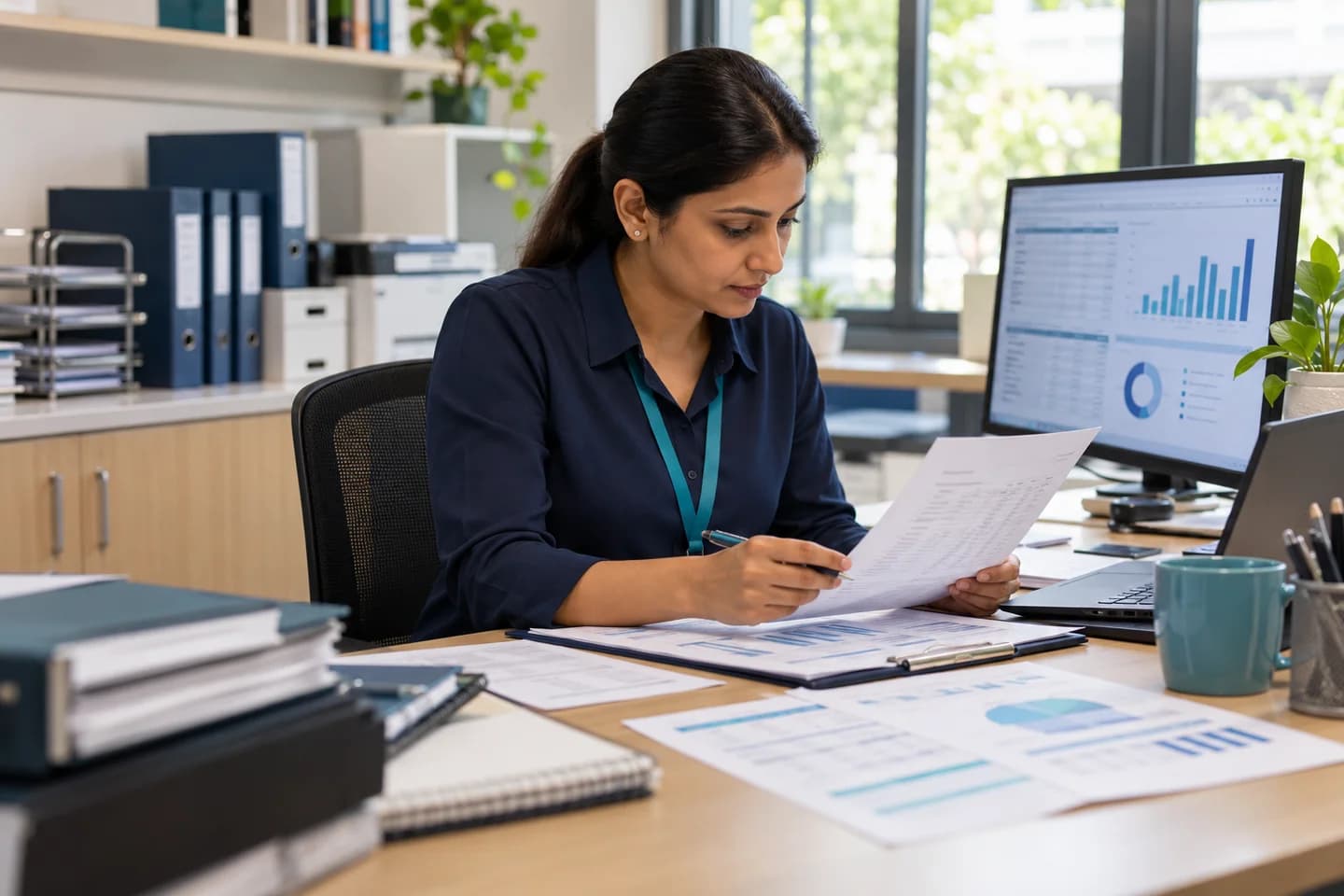 Illustrative scene: Clinic administrator reviewing billing and appointment reports