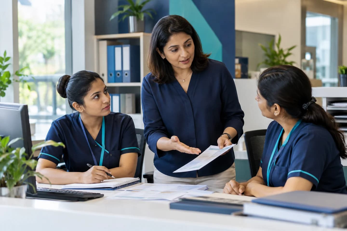 Illustrative scene: Practice manager discussing responsibilities with reception staff