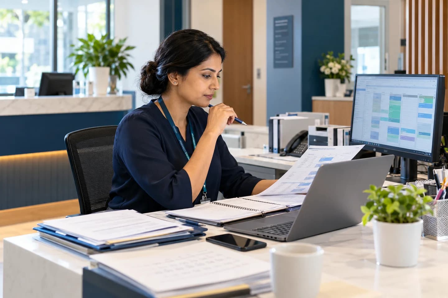Illustrative scene: Diagnostics manager reviewing reception capacity and booking schedules