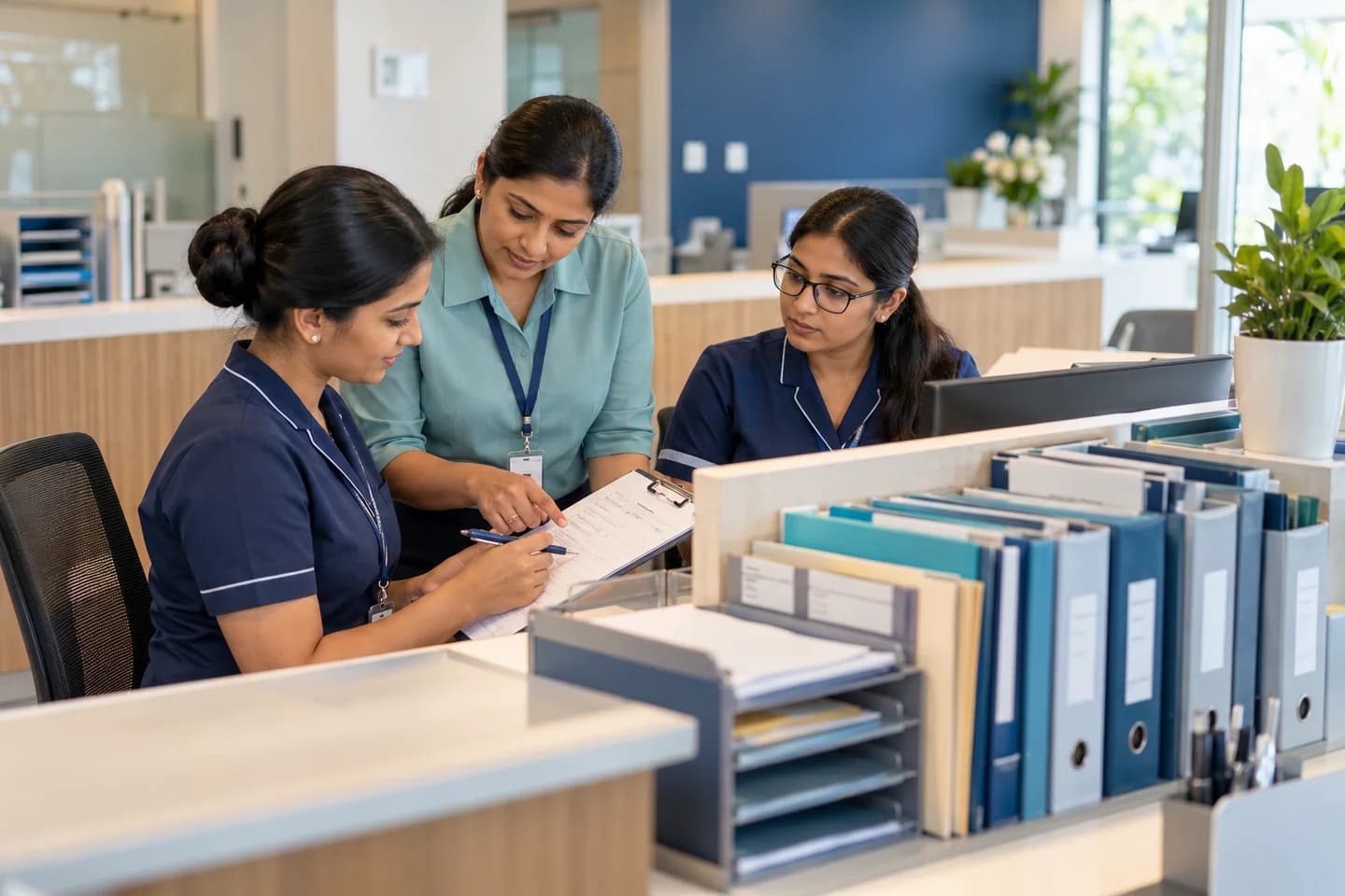 Illustrative scene: Reception team checking an administrative handoff checklist