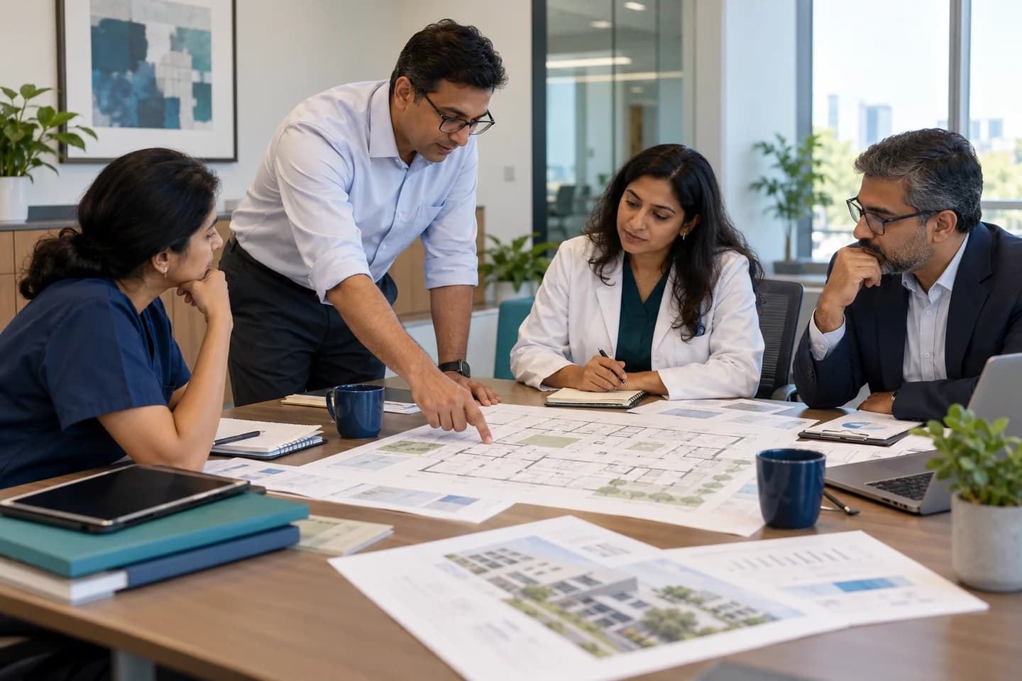 Illustrative scene: Practice owners comparing floor plans and business planning notes