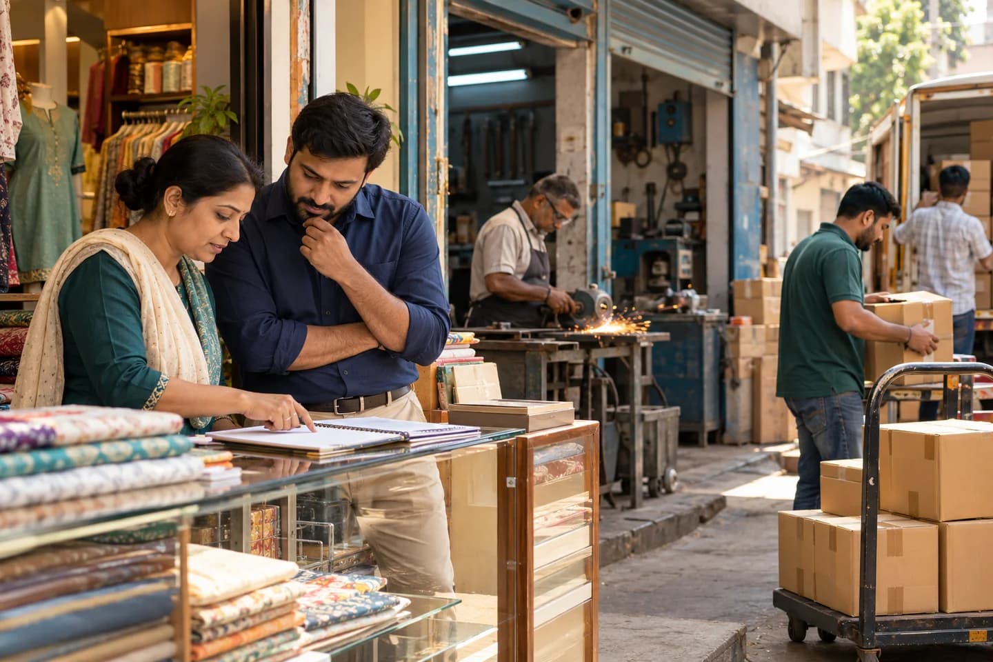Illustrative scene: Indian commercial neighbourhood with a small shop, workshop and office frontage, everyday economic activity, no signs text.
