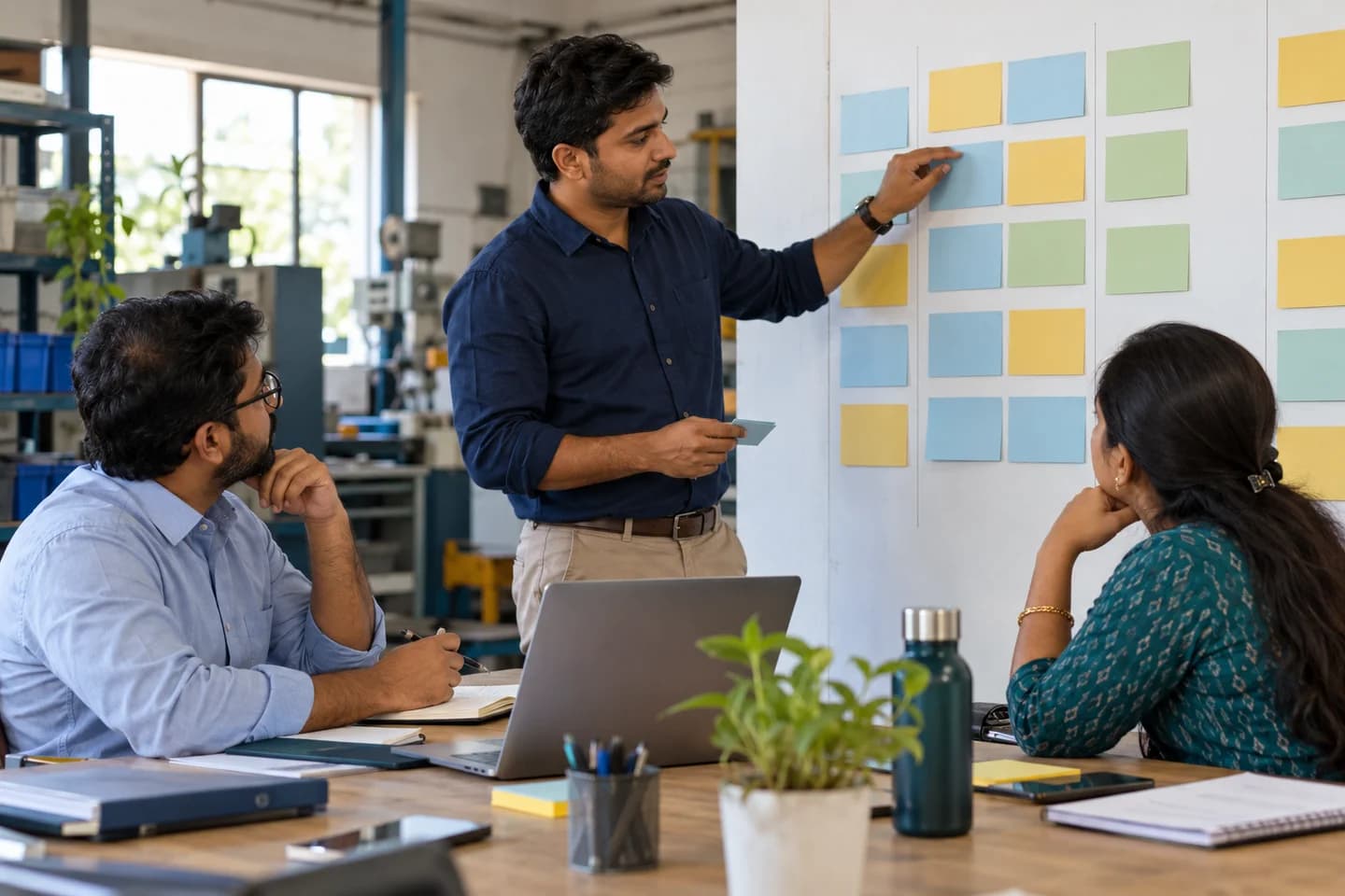 Illustrative scene: Team reviewing process improvements on a planning board
