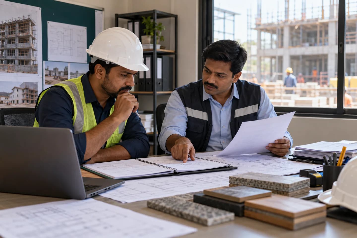 Illustrative scene: Contractor and supervisor reviewing project records in a site office