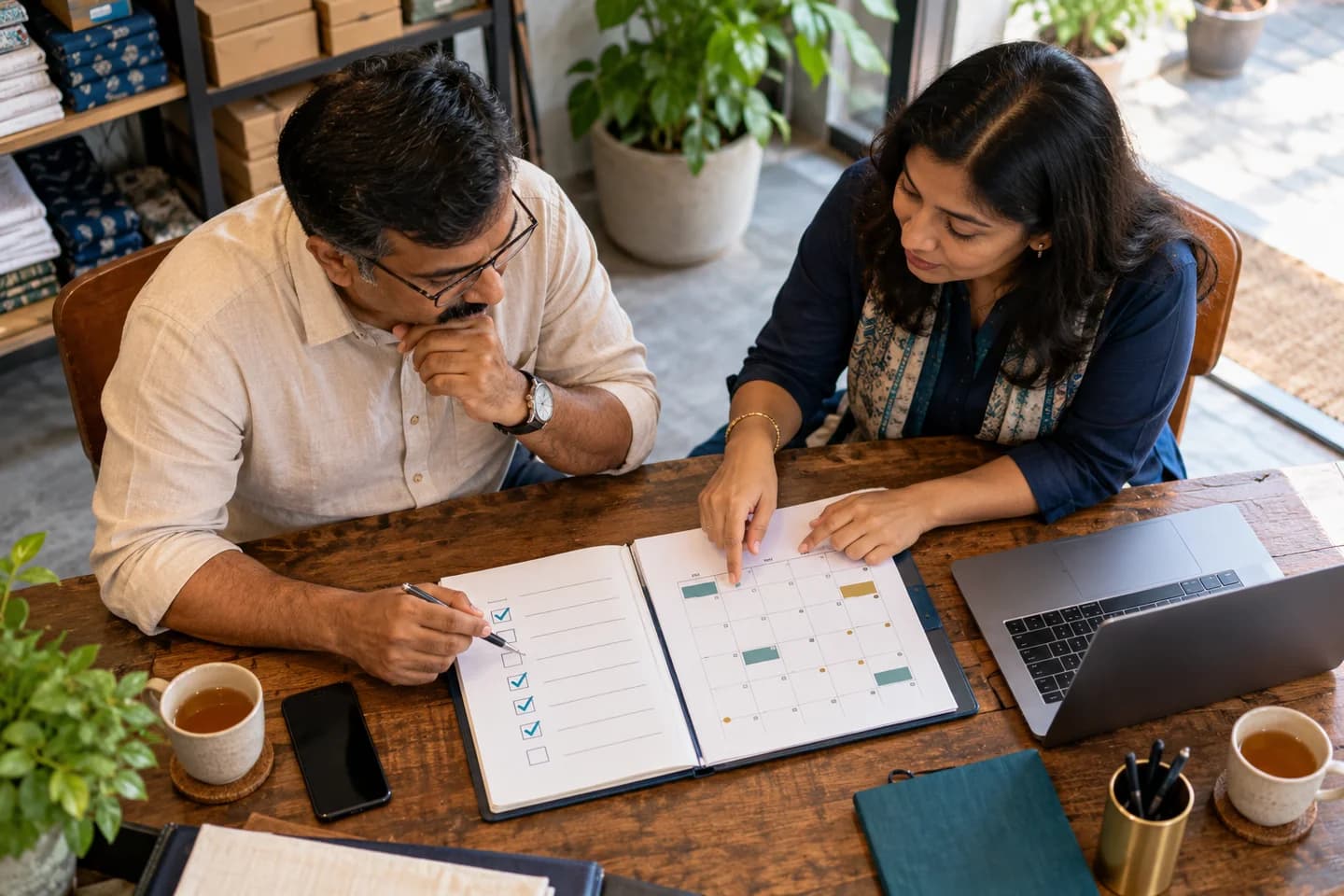 Illustrative scene: Owner and coach reviewing a calendar and progress notes