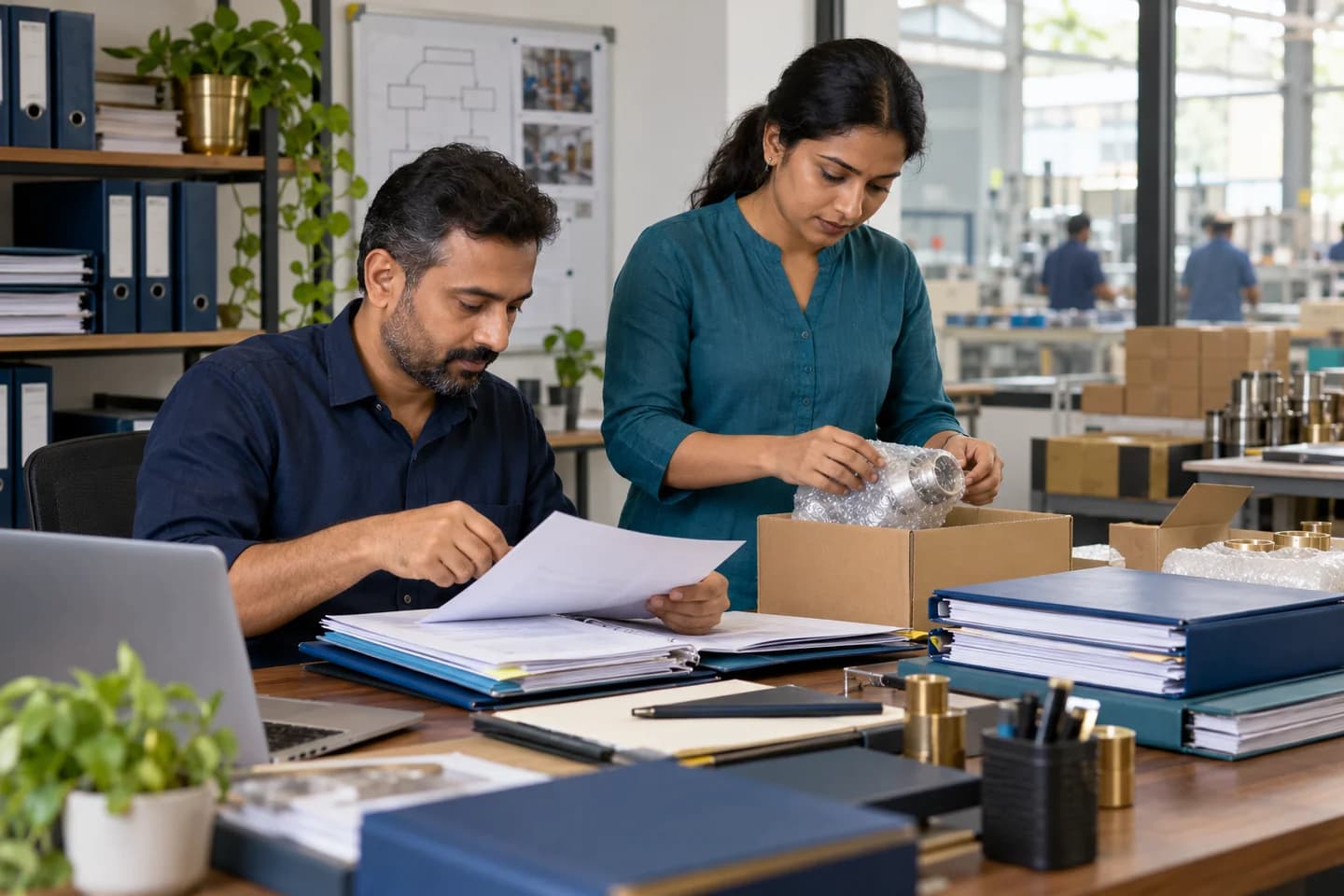 Illustrative scene: Business owner and supervisor preparing records and an order sample for an audit