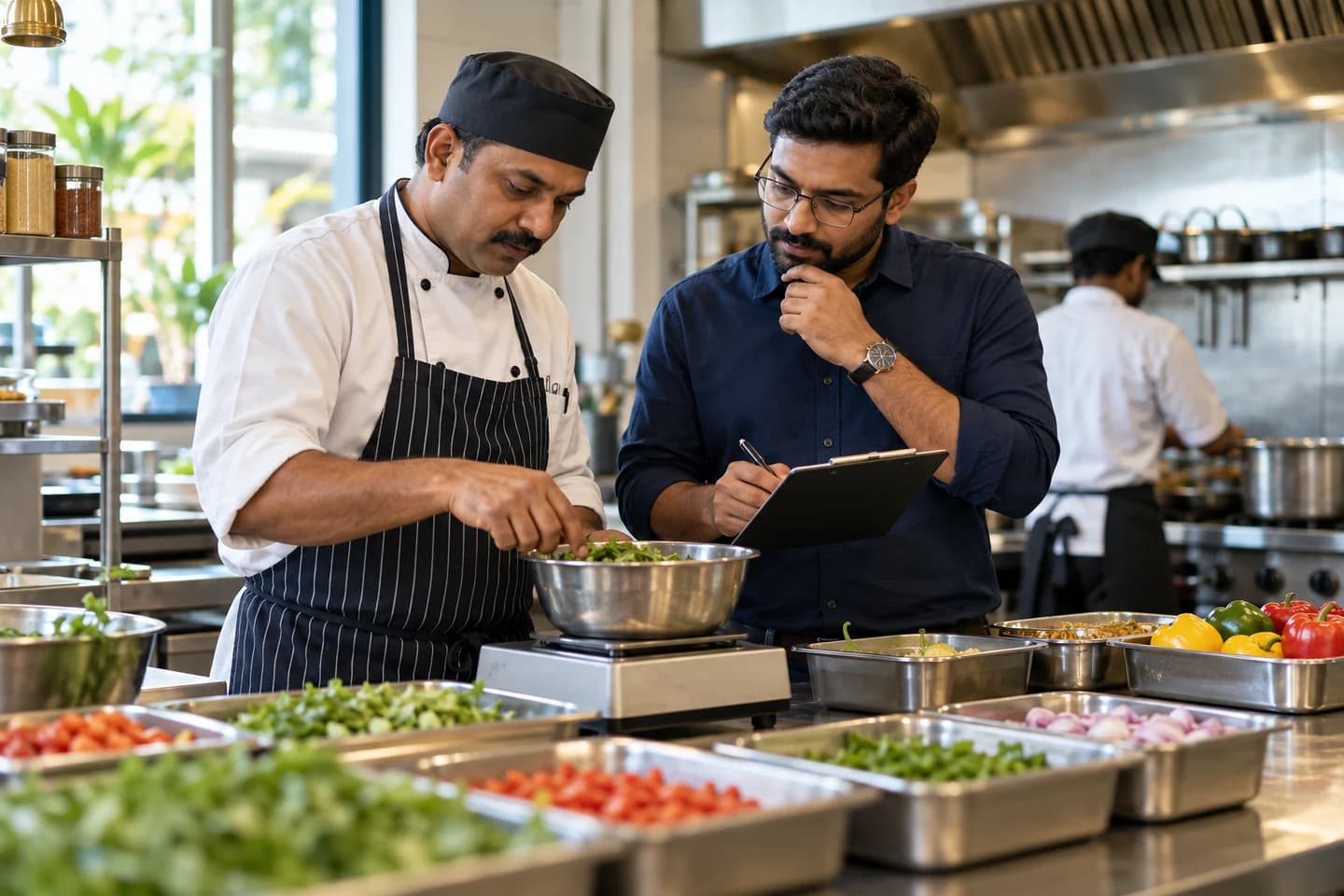 Illustrative scene: Restaurant owner and chef reviewing ingredients and quantities