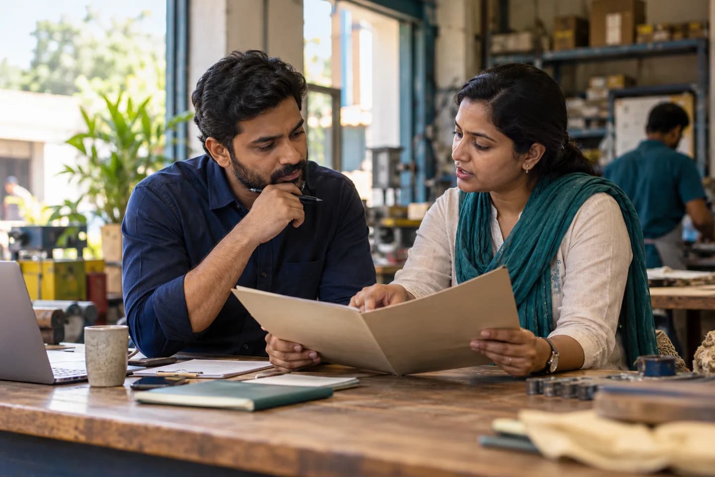 Illustrative scene: Two businesspeople discussing scope and responsibilities over a plain proposal folder before starting work.