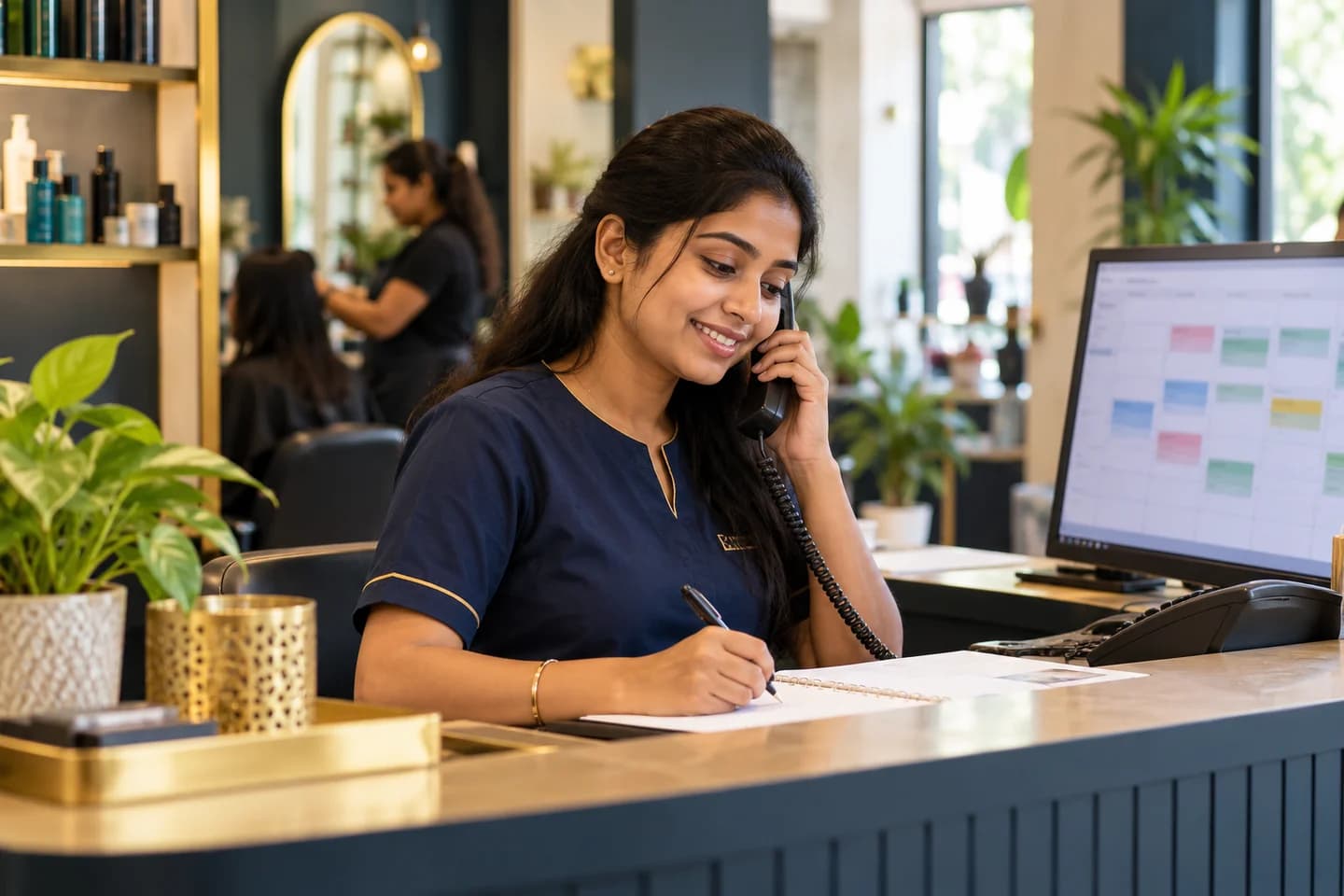 Illustrative scene: Receptionist confirming a service appointment by phone