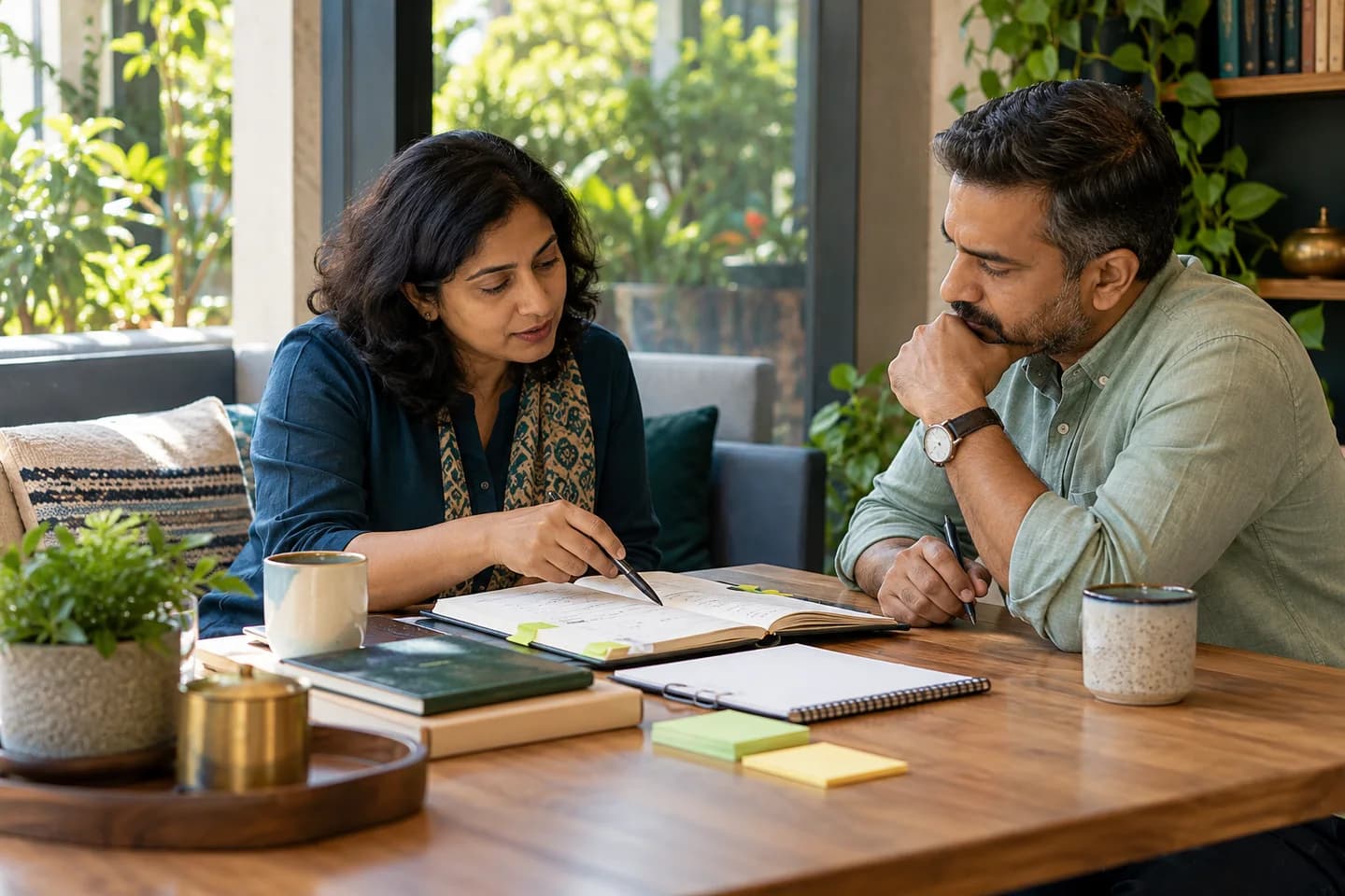 Illustrative scene: Coach and entrepreneur reflect on an action journal in a calm light-filled meeting nook, no laptops.